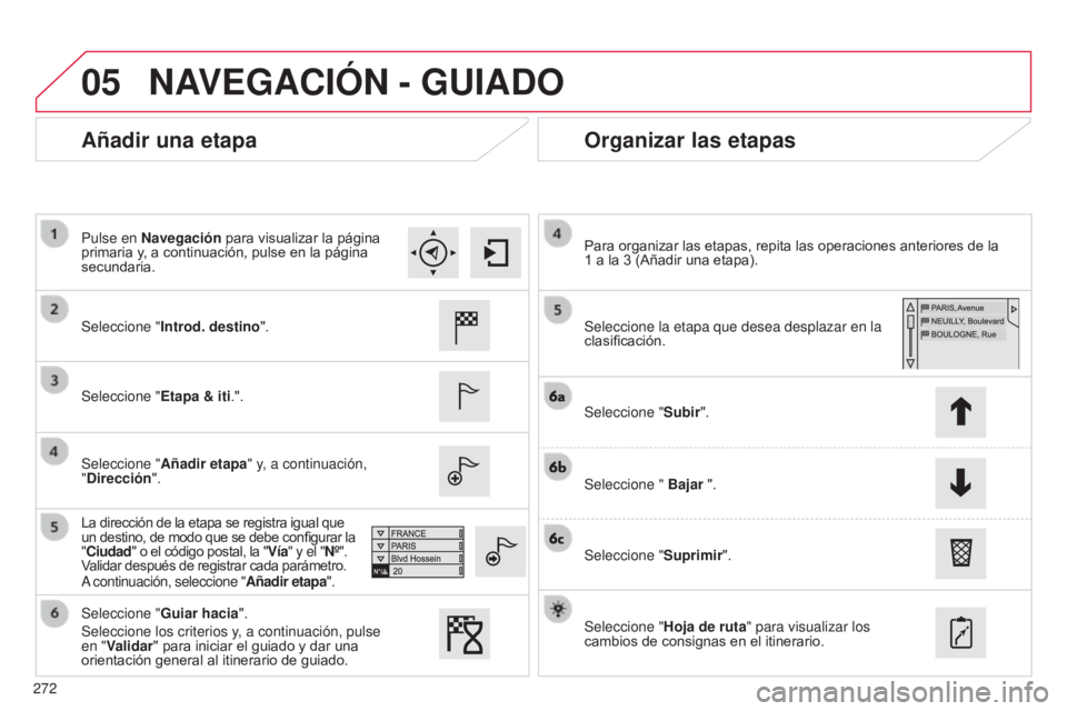 CITROEN C4 CACTUS 2014  Manuales de Empleo (in Spanish) 05
272
E3_es_Chap12b_SMEGplus_ed01-2014
Añadir una etapaOrganizar las etapas
Seleccione "Introd. destino ".
Seleccione " Etapa & iti.".
Seleccione " Añadir etapa" y, a contin