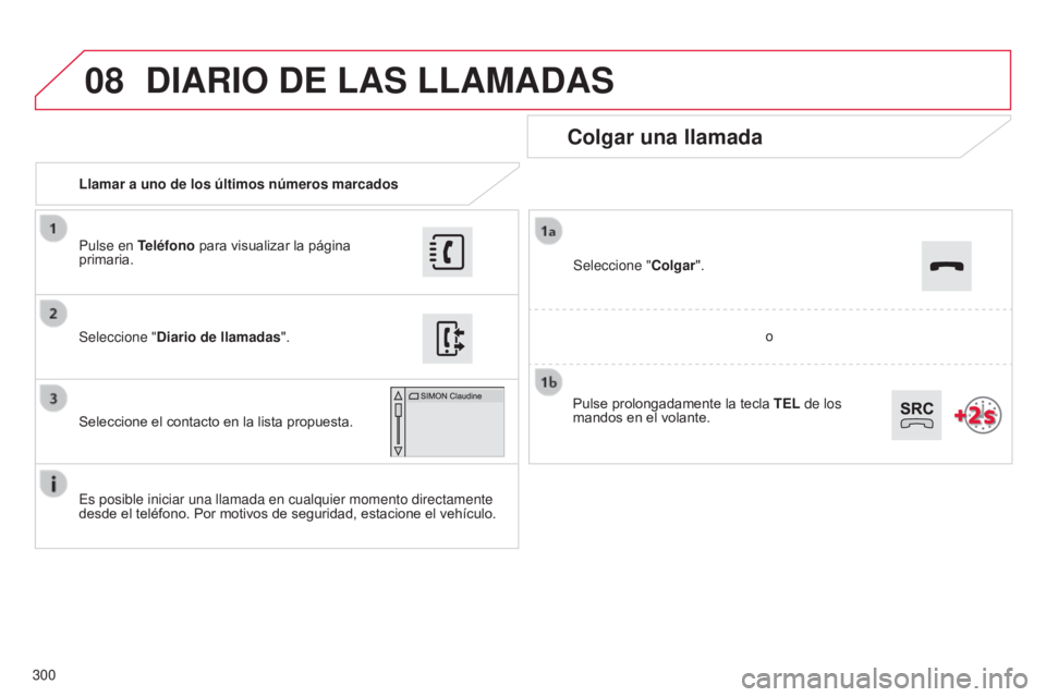 CITROEN C4 CACTUS 2014  Manuales de Empleo (in Spanish) 08
300
E3_es_Chap12b_SMEGplus_ed01-2014
Llamar a uno de los últimos números marcados
Colgar una llamada
Es posible iniciar una llamada en cualquier momento directamente 
desde el teléfono. Por moti