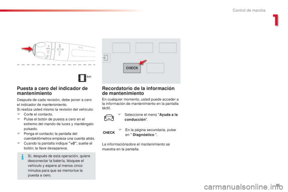 CITROEN C4 CACTUS 2014 Manuales de Empleo (in Spanish) 35
E3_es_Chap01_controle-de-marche_ed01-2014
Puesta a cero del indicador de
mantenimiento
Después de cada revisión, debe poner a cero
el indicador de mantenimiento.
Si realiza usted mismo la revis CITROEN C4 CACTUS 2014 Manuales de Empleo (in Spanish) 35
E3_es_Chap01_controle-de-marche_ed01-2014
Puesta a cero del indicador de
mantenimiento
Después de cada revisión, debe poner a cero
el indicador de mantenimiento.
Si realiza usted mismo la revis