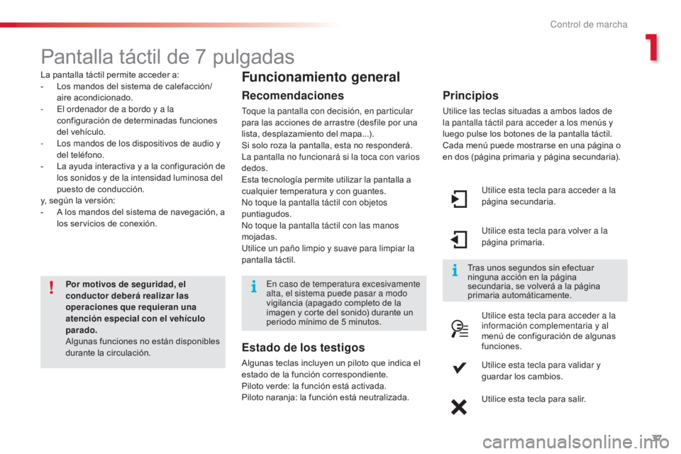 CITROEN C4 CACTUS 2014 Manuales de Empleo (in Spanish) 37
E3_es_Chap01_controle-de-marche_ed01-2014
Pantalla táctil de 7 pulgadas
La pantalla táctil permite acceder a:
- L os mandos del sistema de calefacción/
aire acondicionado.
-
E
l ordenador de CITROEN C4 CACTUS 2014 Manuales de Empleo (in Spanish) 37
E3_es_Chap01_controle-de-marche_ed01-2014
Pantalla táctil de 7 pulgadas
La pantalla táctil permite acceder a:
- L os mandos del sistema de calefacción/
aire acondicionado.
-
E
l ordenador de