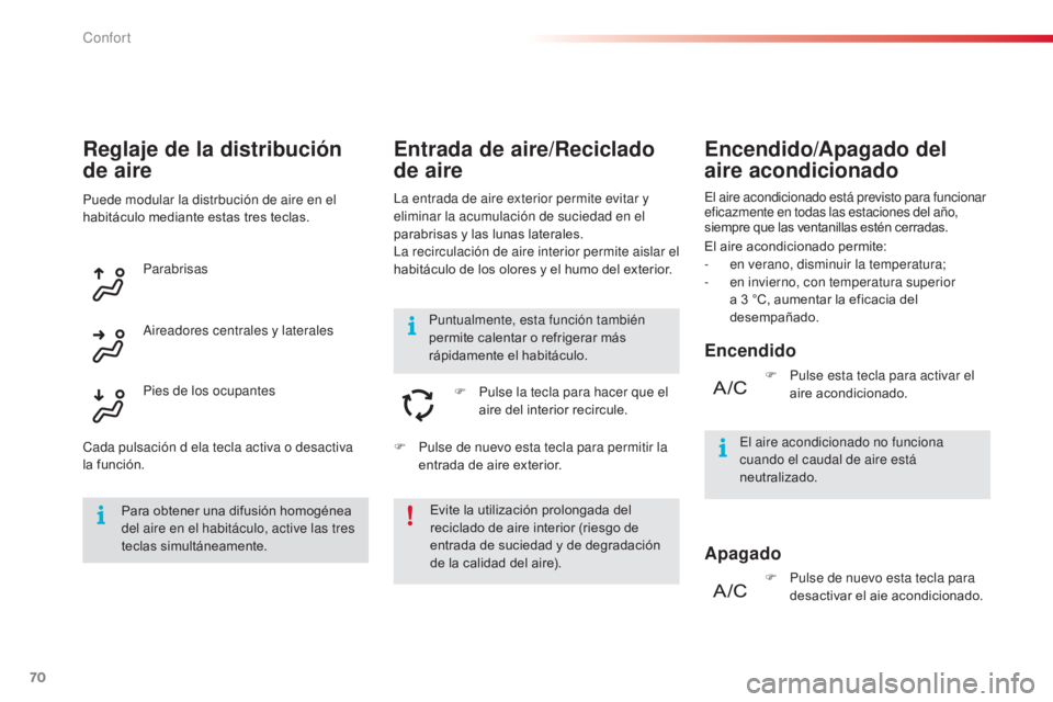 CITROEN C4 CACTUS 2014  Manuales de Empleo (in Spanish) 70
E3_es_Chap03_confort_ed01-2014
Entrada de aire/Reciclado 
de aire
La entrada de aire exterior permite evitar y 
eliminar la acumulación de suciedad en el 
parabrisas y las lunas laterales.
La reci