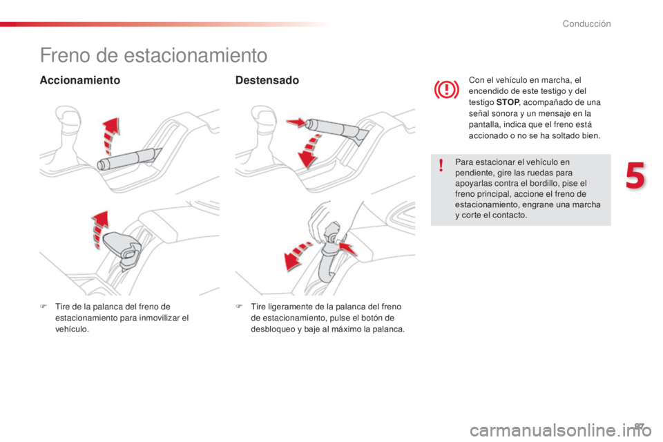 CITROEN C4 CACTUS 2014 Manuales de Empleo (in Spanish) 87
E3_es_Chap05_conduite_ed01-2014
Freno de estacionamiento
AccionamientoDestensado
Para estacionar el vehículo en
pendiente, gire las ruedas para
apoyarlas contra el bordillo, pise el
freno princ CITROEN C4 CACTUS 2014 Manuales de Empleo (in Spanish) 87
E3_es_Chap05_conduite_ed01-2014
Freno de estacionamiento
AccionamientoDestensado
Para estacionar el vehículo en
pendiente, gire las ruedas para
apoyarlas contra el bordillo, pise el
freno princ