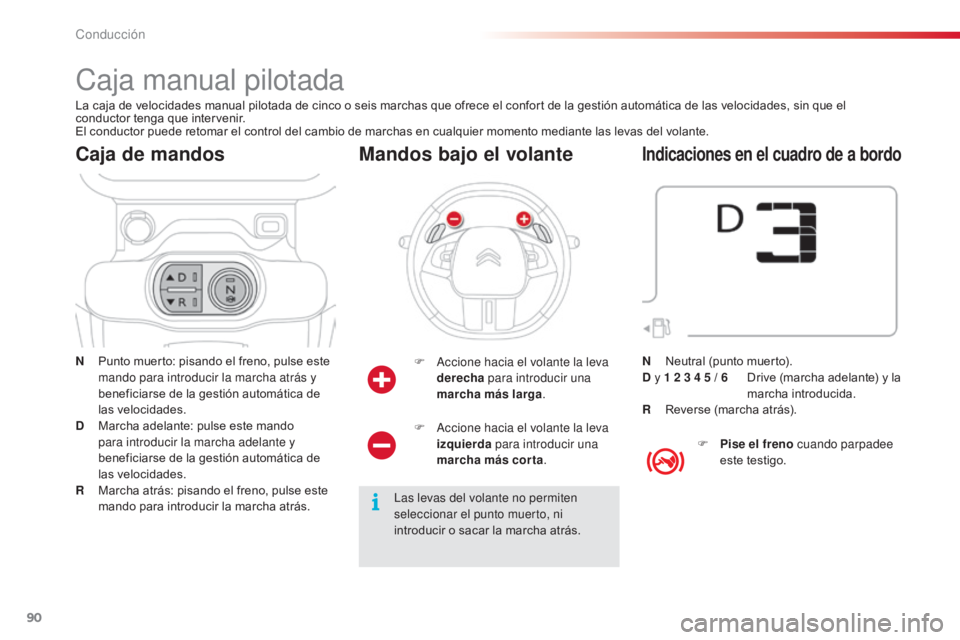 CITROEN C4 CACTUS 2014 Manuales de Empleo (in Spanish) 90
E3_es_Chap05_conduite_ed01-2014
Caja manual pilotada
N Punto muerto: pisando el freno, pulse este mando para introducir la marcha atrás y
beneficiarse de la gestión automática de
las velocidad CITROEN C4 CACTUS 2014 Manuales de Empleo (in Spanish) 90
E3_es_Chap05_conduite_ed01-2014
Caja manual pilotada
N Punto muerto: pisando el freno, pulse este mando para introducir la marcha atrás y
beneficiarse de la gestión automática de
las velocidad