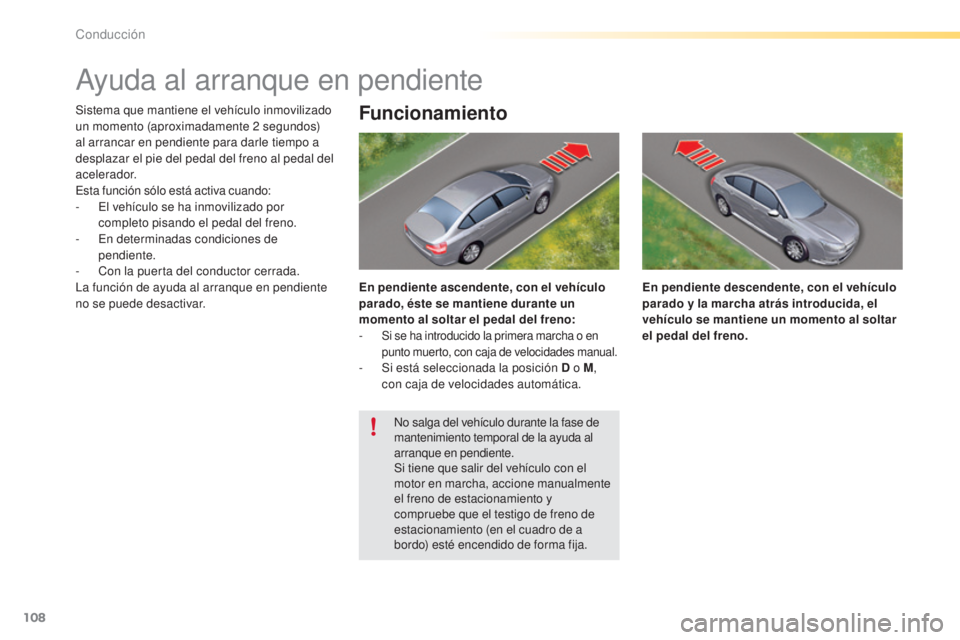 CITROEN C5 2016  Manuales de Empleo (in Spanish) 108
C5_es_Chap04_conduite_ed01-2015
ayuda al arranque en pendiente
Sistema que mantiene el vehículo inmovilizado 
un momento (aproximadamente 2 segundos) 
al arrancar en pendiente para darle tiempo a