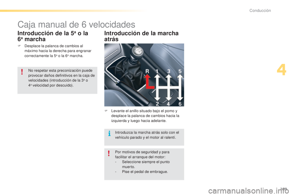 CITROEN C5 2016 Manuales de Empleo (in Spanish) 109
C5_es_Chap04_conduite_ed01-2015
Caja manual de 6 velocidades
F desplace la palanca de cambios al
máximo hacia la derecha para engranar
correctamente la 5
a o la 6a marcha.
Introducción de la CITROEN C5 2016 Manuales de Empleo (in Spanish) 109
C5_es_Chap04_conduite_ed01-2015
Caja manual de 6 velocidades
F desplace la palanca de cambios al
máximo hacia la derecha para engranar
correctamente la 5
a o la 6a marcha.
Introducción de la