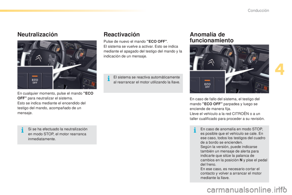 CITROEN C5 2016 Manuales de Empleo (in Spanish) 117
C5_es_Chap04_conduite_ed01-2015
Reactivación
Pulse de nuevo el mando "ECO OFF".el s
istema se vuelve a activar. es to se indica
mediante el apagado del testigo del mando y la
indicaci CITROEN C5 2016 Manuales de Empleo (in Spanish) 117
C5_es_Chap04_conduite_ed01-2015
Reactivación
Pulse de nuevo el mando "ECO OFF".el s
istema se vuelve a activar. es to se indica
mediante el apagado del testigo del mando y la
indicaci