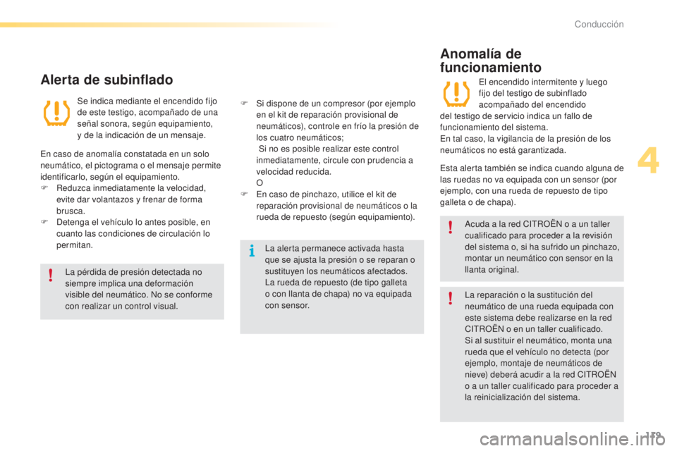 CITROEN C5 2016  Manuales de Empleo (in Spanish) 119
C5_es_Chap04_conduite_ed01-2015
la pérdida de presión detectada no 
siempre implica una deformación 
visible del neumático. n
o s
 e conforme 
con realizar un control visual.
la a
 lerta perma