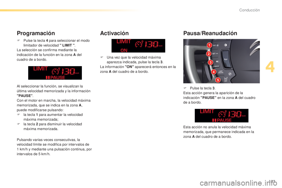 CITROEN C5 2016  Manuales de Empleo (in Spanish) 123
C5_es_Chap04_conduite_ed01-2015
F Pulse la tecla 4  para seleccionar el modo 
limitador de velocidad " LIMIT  ".
la s

elección se confirma mediante la 
indicación de la función en la z