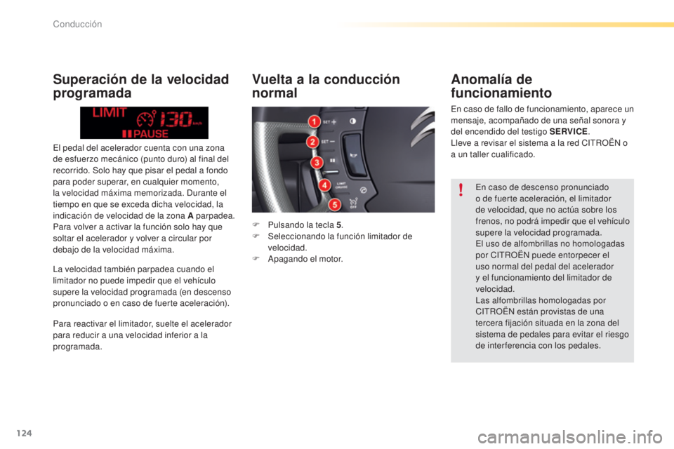 CITROEN C5 2016  Manuales de Empleo (in Spanish) 124
C5_es_Chap04_conduite_ed01-2015
el pedal del acelerador cuenta con una zona 
de esfuerzo mecánico (punto duro) al final del 
recorrido. Solo hay que pisar el pedal a fondo 
para poder superar, en