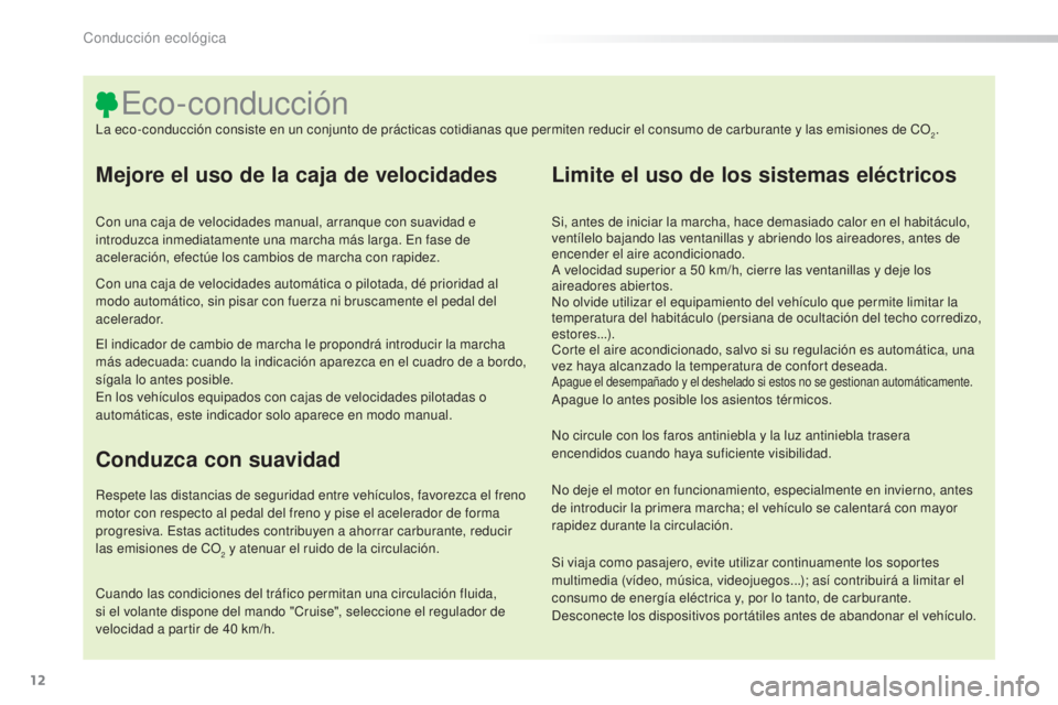 CITROEN C5 2016 Manuales de Empleo (in Spanish) 12
C5_es_Chap00c_eco-conduite_ed01-2015
Mejore el uso de la caja de velocidades
Con una caja de velocidades manual, arranque con suavidad e
introduzca inmediatamente una marcha más larga. en f ase d CITROEN C5 2016 Manuales de Empleo (in Spanish) 12
C5_es_Chap00c_eco-conduite_ed01-2015
Mejore el uso de la caja de velocidades
Con una caja de velocidades manual, arranque con suavidad e
introduzca inmediatamente una marcha más larga. en f ase d
