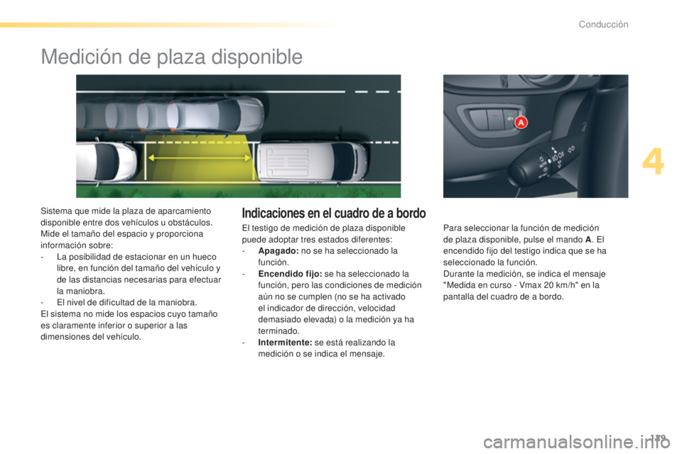 CITROEN C5 2016  Manuales de Empleo (in Spanish) 129
C5_es_Chap04_conduite_ed01-2015
Medición de plaza disponible
Sistema que mide la plaza de aparcamiento 
disponible entre dos vehículos u obstáculos. 
Mide el tamaño del espacio y proporciona 
