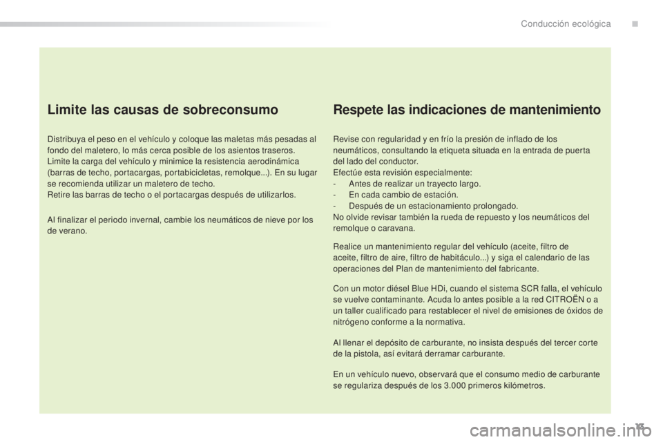 CITROEN C5 2016 Manuales de Empleo (in Spanish) 13
C5_es_Chap00c_eco-conduite_ed01-2015
Limite las causas de sobreconsumo
distribuya el peso en el vehículo y coloque las maletas más pesadas al
fondo del maletero, lo más cerca posible de los asi CITROEN C5 2016 Manuales de Empleo (in Spanish) 13
C5_es_Chap00c_eco-conduite_ed01-2015
Limite las causas de sobreconsumo
distribuya el peso en el vehículo y coloque las maletas más pesadas al
fondo del maletero, lo más cerca posible de los asi