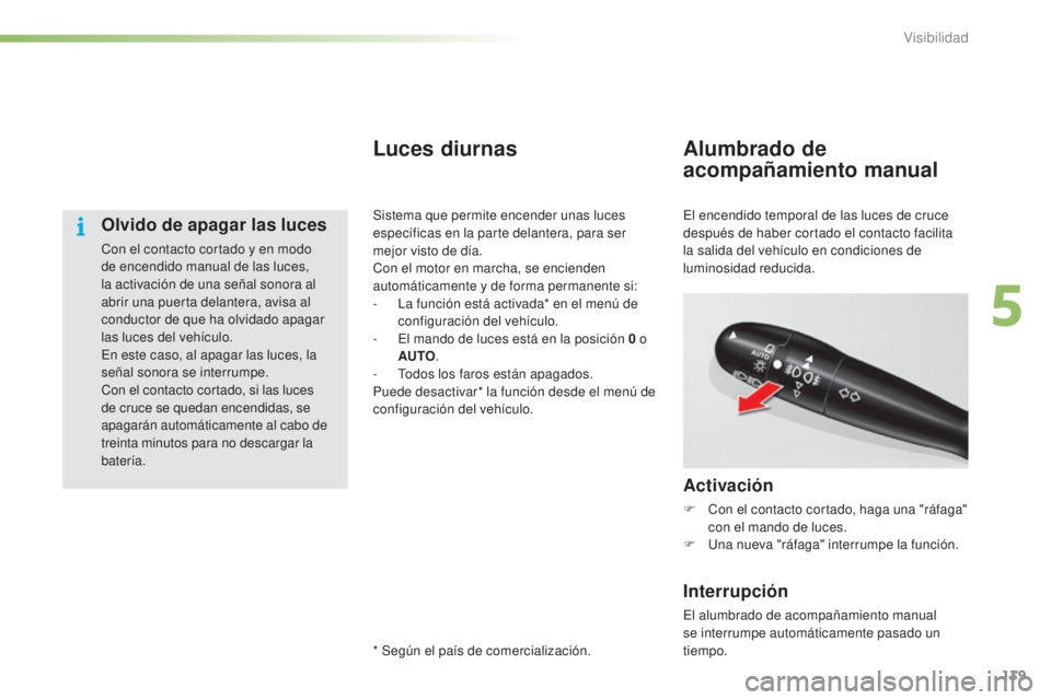 CITROEN C5 2016  Manuales de Empleo (in Spanish) 139
C5_es_Chap05_visibilite_ed01-2015
Olvido de apagar las luces
Con el contacto cortado y en modo 
de encendido manual de las luces, 
la activación de una señal sonora al 
abrir una puerta delanter