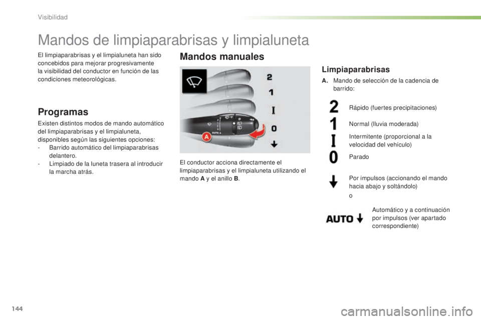 CITROEN C5 2016  Manuales de Empleo (in Spanish) 144
C5_es_Chap05_visibilite_ed01-2015
Mandos de limpiaparabrisas y limpialuneta
Programas
existen distintos modos de mando automático 
del limpiaparabrisas y el limpialuneta, 
disponibles según las 