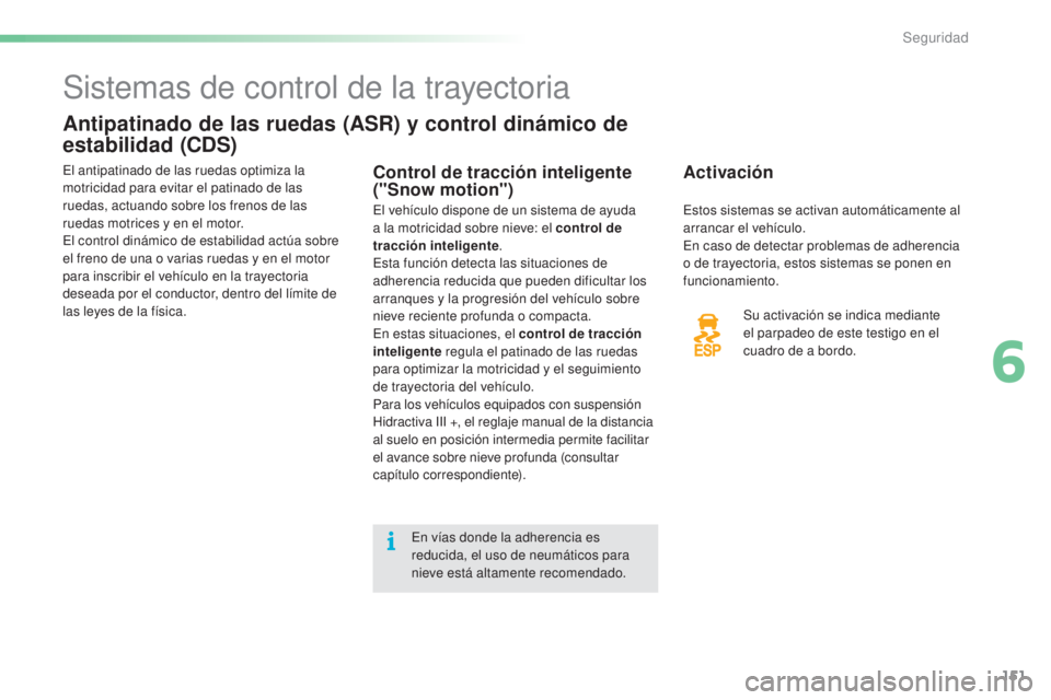CITROEN C5 2016 Manuales de Empleo (in Spanish) 151
C5_es_Chap06_securite_ed01-2015
Sistemas de control de la trayectoria
Antipatinado de las ruedas (ASR) y control dinámico de
estabilidad (CDS)
Activación
Su activación se indica mediante
el p CITROEN C5 2016 Manuales de Empleo (in Spanish) 151
C5_es_Chap06_securite_ed01-2015
Sistemas de control de la trayectoria
Antipatinado de las ruedas (ASR) y control dinámico de
estabilidad (CDS)
Activación
Su activación se indica mediante
el p