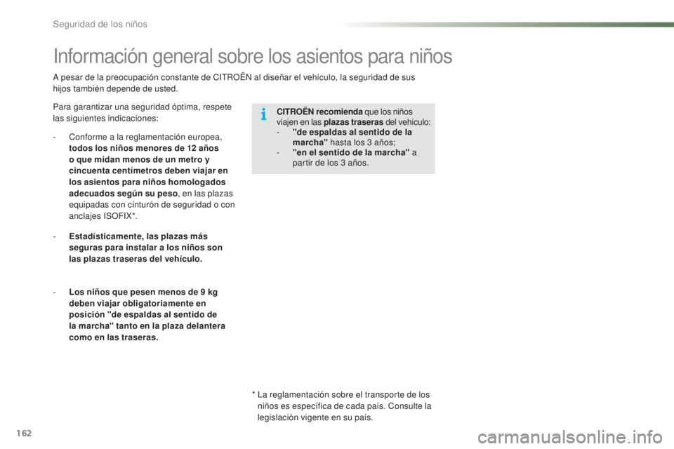 CITROEN C5 2016  Manuales de Empleo (in Spanish) 162
C5_es_Chap07_securite-enfant_ed01-2015
a pesar de la preocupación constante de CitR OËn  al diseñar el vehículo, la seguridad de sus 
hijos también depende de usted.
información general sobr
