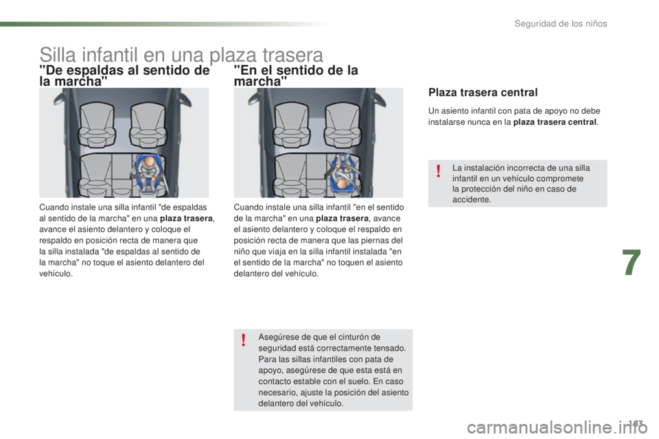 CITROEN C5 2016  Manuales de Empleo (in Spanish) 163
C5_es_Chap07_securite-enfant_ed01-2015
Silla infantil en una plaza trasera
"De espaldas al sentido de 
la marcha"
Cuando instale una silla infantil "de espaldas 
al sentido de la march