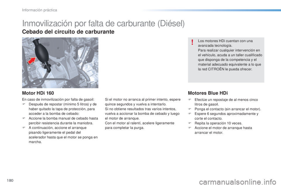 CITROEN C5 2016  Manuales de Empleo (in Spanish) 180
C5_es_Chap08_information_ed01-2015
los motores Hdi cuentan con una 
avanzada tecnología.
Para realizar cualquier intervención en 
el vehículo, acuda a un taller cualificado 
que disponga de la 