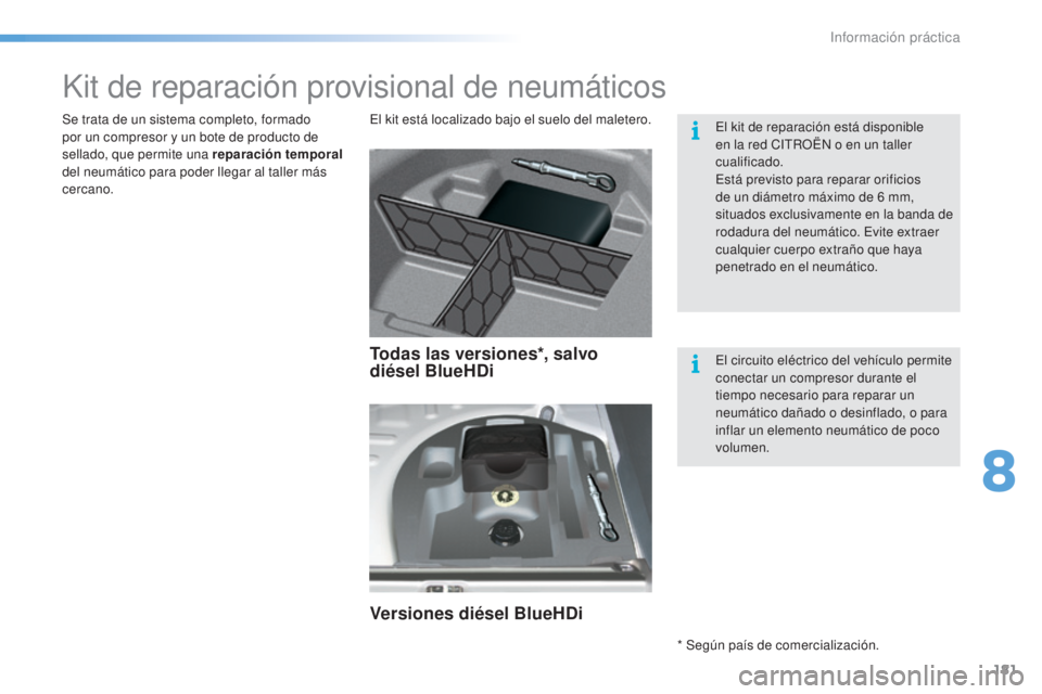 CITROEN C5 2016  Manuales de Empleo (in Spanish) 181
C5_es_Chap08_information_ed01-2015
Kit de reparación provisional de neumáticos
el kit está localizado bajo el suelo del maletero.
Se trata de un sistema completo, formado 
por un compresor y un