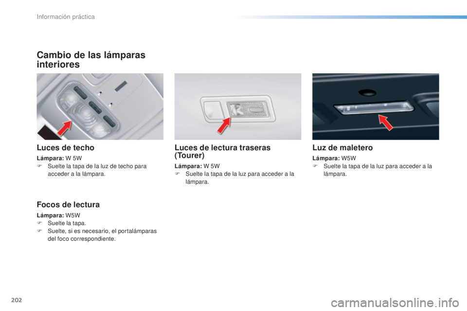 CITROEN C5 2016 Manuales de Empleo (in Spanish) 202
C5_es_Chap08_information_ed01-2015
Cambio de las lámparas
interiores
Luces de techo
Lámpara: W 5W
F S uelte la tapa de la luz de techo para
acceder a la lámpara.
Luces de lectura traseras
( CITROEN C5 2016 Manuales de Empleo (in Spanish) 202
C5_es_Chap08_information_ed01-2015
Cambio de las lámparas
interiores
Luces de techo
Lámpara: W 5W
F S uelte la tapa de la luz de techo para
acceder a la lámpara.
Luces de lectura traseras
(