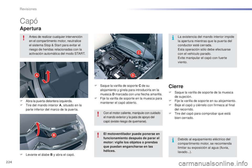 CITROEN C5 2016 Manuales de Empleo (in Spanish) 224
C5_es_Chap09_verification_ed01-2015
Capó
Apertura
F levante el álabe B y abra el capó.F
S
aque la varilla de soporte C
de su
alojamiento y gírela para introducirla en la
muesca D marcad CITROEN C5 2016 Manuales de Empleo (in Spanish) 224
C5_es_Chap09_verification_ed01-2015
Capó
Apertura
F levante el álabe B y abra el capó.F
S
aque la varilla de soporte C
de su
alojamiento y gírela para introducirla en la
muesca D marcad