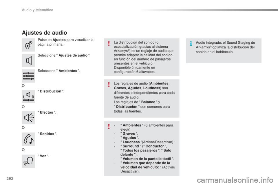 CITROEN C5 2016 Manuales de Empleo (in Spanish) 292
C5_es_Chap11b_SMeGplus_ed01-2015
Ajustes de audio
Pulse en Ajustes para visualizar la
página primaria.
Seleccione " Ajustes de audio ".
Seleccione " Ambientes ".
O " Distrib CITROEN C5 2016 Manuales de Empleo (in Spanish) 292
C5_es_Chap11b_SMeGplus_ed01-2015
Ajustes de audio
Pulse en Ajustes para visualizar la
página primaria.
Seleccione " Ajustes de audio ".
Seleccione " Ambientes ".
O " Distrib