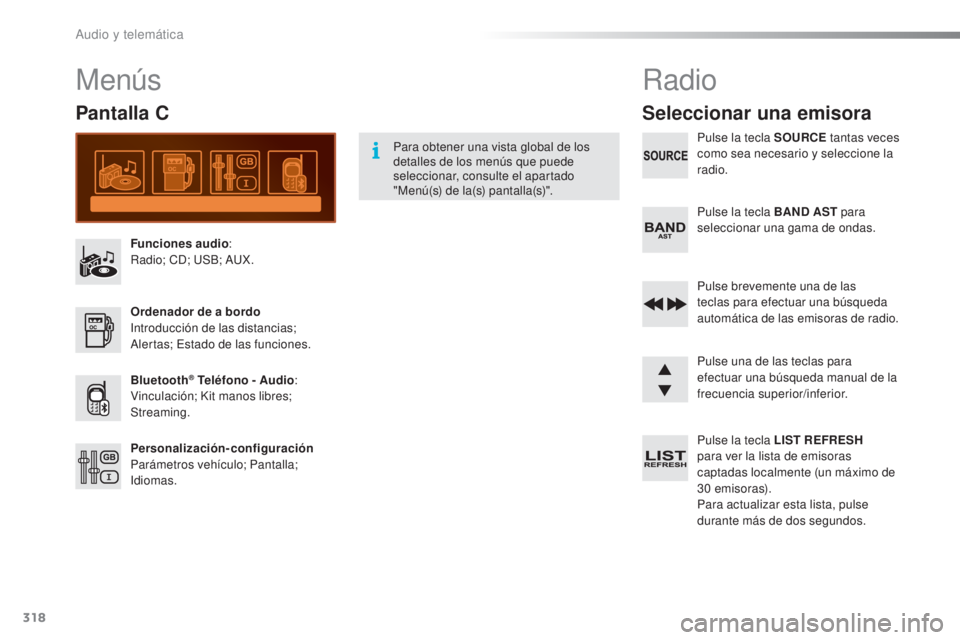 CITROEN C5 2016  Manuales de Empleo (in Spanish) 318
C5_es_Chap11c_Rd45_ed01-2015
Menús
Pantalla C
Funciones audio:
Radio; Cd;  uS B;  auX .
Ordenador de a bordo
in

troducción de las distancias; 
al

ertas;  e
s
 tado de las funciones.
Bluetooth
