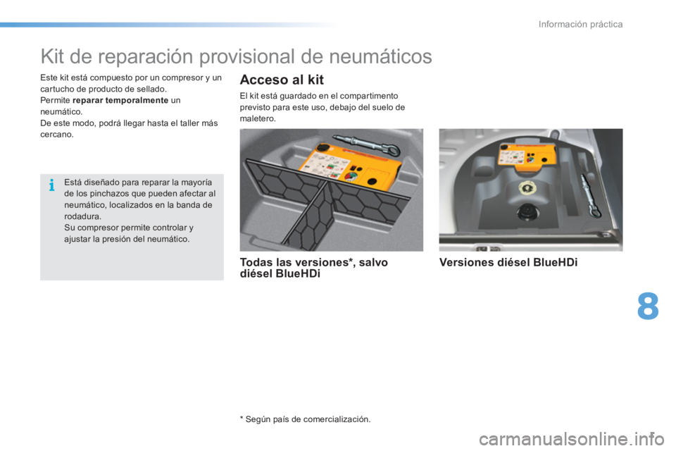 CITROEN C5 2016  Manuales de Empleo (in Spanish) 8
Información práctica
1
   
 
 
 
 
 
 
 
 
 
 
 
Kit de reparación provisional de neumáticos 
 
 
 
Todas las versiones * , salvo 
diésel BlueHDi     
Versiones diésel BlueHDi  
 
 
 
 
 
*   
