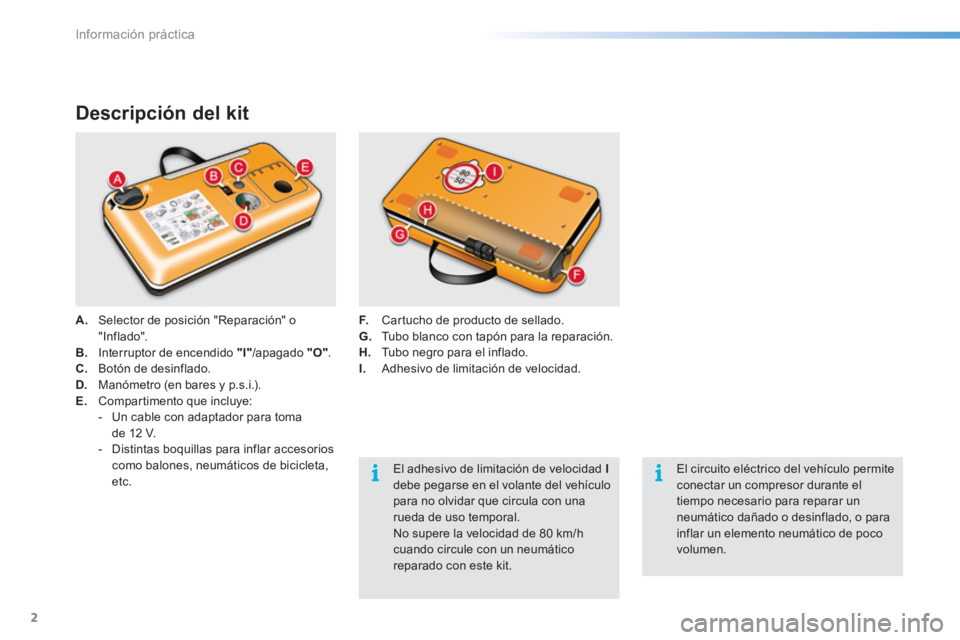 CITROEN C5 2016  Manuales de Empleo (in Spanish) Información práctica
2
   
Descripción del kit 
 
 
 
A. 
  Selector de posición "Reparación" o 
"Inflado". 
   
B. 
  Interruptor de encendido  "I" 
/apagado  "O" 
. 
   
C. 
  Botón de desinfl