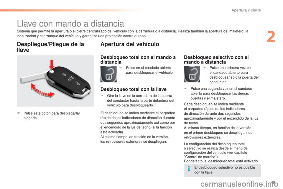 CITROEN C5 2016 Manuales de Empleo (in Spanish) 45
C5_es_Chap02_ouverture_ed01-2015
llave con mando a distancia
Sistema que permite la apertura o el cierre centralizado del vehículo con la cerradura o a distancia. Realiza también la apertura del CITROEN C5 2016 Manuales de Empleo (in Spanish) 45
C5_es_Chap02_ouverture_ed01-2015
llave con mando a distancia
Sistema que permite la apertura o el cierre centralizado del vehículo con la cerradura o a distancia. Realiza también la apertura del