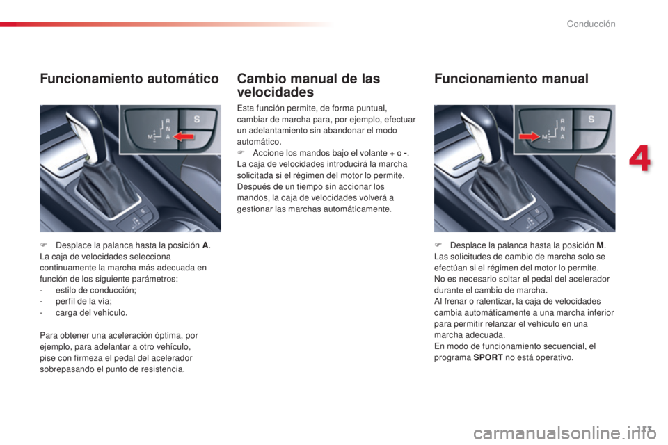 CITROEN C5 2015 Manuales de Empleo (in Spanish) 113
c5_es_c hap04_conduite_ed01-2014
Cambio manual de las
velocidades
esta función permite, de forma puntual,
cambiar de marcha para, por ejemplo, efectuar
un adelantamiento sin abandonar el modo CITROEN C5 2015 Manuales de Empleo (in Spanish) 113
c5_es_c hap04_conduite_ed01-2014
Cambio manual de las
velocidades
esta función permite, de forma puntual,
cambiar de marcha para, por ejemplo, efectuar
un adelantamiento sin abandonar el modo
