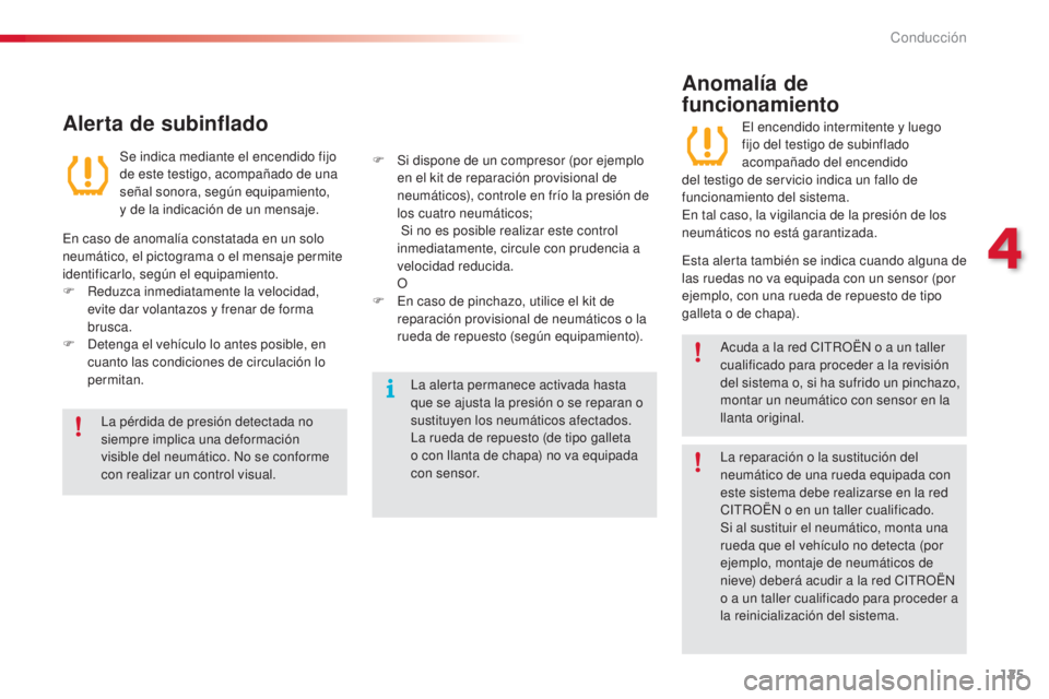 CITROEN C5 2015 Manuales de Empleo (in Spanish) 125
c5_es_c hap04_conduite_ed01-2014
la pérdida de presión detectada no
siempre implica una deformación
visible del neumático.
n
o s
e conforme
con realizar un control visual.
la a
lerta per CITROEN C5 2015 Manuales de Empleo (in Spanish) 125
c5_es_c hap04_conduite_ed01-2014
la pérdida de presión detectada no
siempre implica una deformación
visible del neumático.
n
o s
e conforme
con realizar un control visual.
la a
lerta per