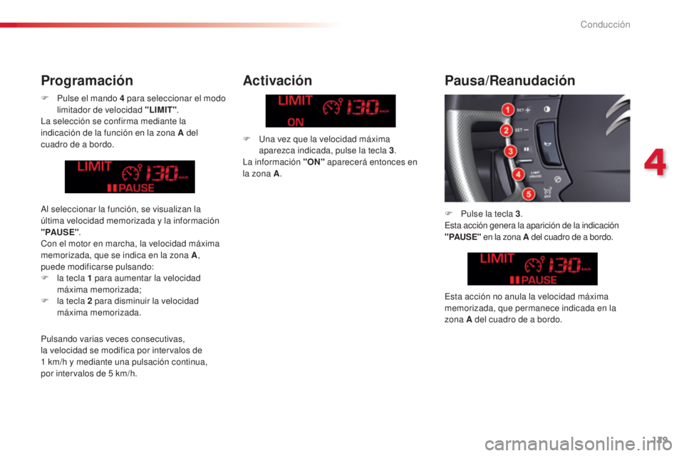 CITROEN C5 2015 Manuales de Empleo (in Spanish) 129
c5_es_c hap04_conduite_ed01-2014
F Pulse el mando 4 para seleccionar el modo
limitador de velocidad " LIMIT".
la s
elección se confirma mediante la
indicación de la función en la z CITROEN C5 2015 Manuales de Empleo (in Spanish) 129
c5_es_c hap04_conduite_ed01-2014
F Pulse el mando 4 para seleccionar el modo
limitador de velocidad " LIMIT".
la s
elección se confirma mediante la
indicación de la función en la z