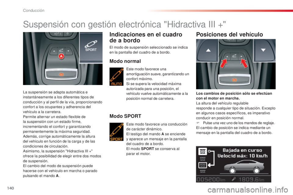 CITROEN C5 2015 Manuales de Empleo (in Spanish) 140
c5_es_c hap04_conduite_ed01-2014
Suspensión con gestión electrónica "Hidractiva i ii + "
la suspensión se adapta automática e
instantáneamente a los diferentes tipos de
conducción CITROEN C5 2015 Manuales de Empleo (in Spanish) 140
c5_es_c hap04_conduite_ed01-2014
Suspensión con gestión electrónica "Hidractiva i ii + "
la suspensión se adapta automática e
instantáneamente a los diferentes tipos de
conducción