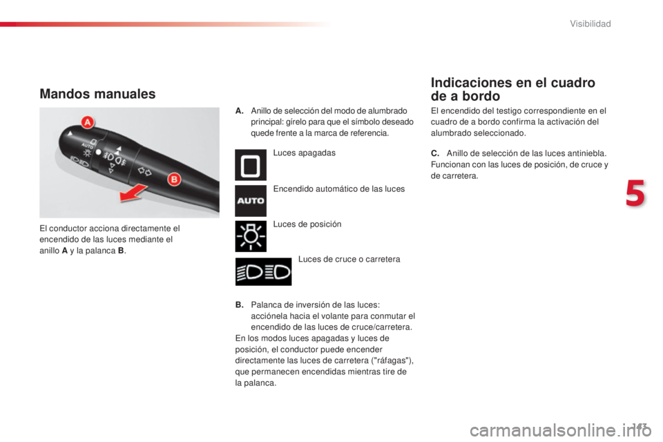 CITROEN C5 2015 Manuales de Empleo (in Spanish) 143
C5_es_Chap05_visibilite_ed01-2014
Mandos manuales
luces apagadas
en
cendido automático de las luces
lu
ces de posición
lu
ces de cruce o carretera
B.
P
alanca de inversión de las luces: CITROEN C5 2015 Manuales de Empleo (in Spanish) 143
C5_es_Chap05_visibilite_ed01-2014
Mandos manuales
luces apagadas
en
cendido automático de las luces
lu
ces de posición
lu
ces de cruce o carretera
B.
P
alanca de inversión de las luces:
