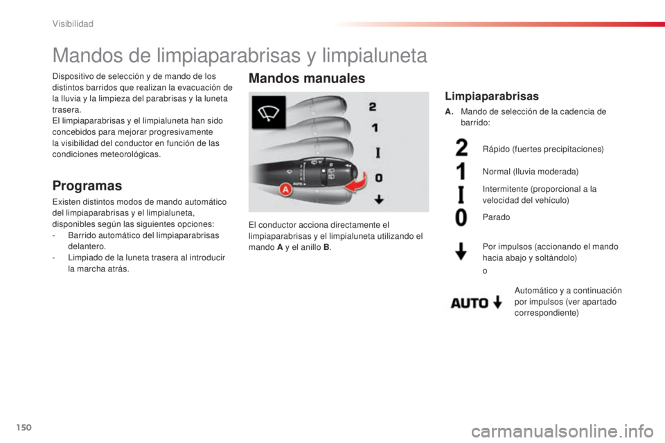 CITROEN C5 2015 Manuales de Empleo (in Spanish) 150
C5_es_Chap05_visibilite_ed01-2014
Mandos de limpiaparabrisas y limpialuneta
Programas
existen distintos modos de mando automático
del limpiaparabrisas y el limpialuneta,
disponibles según las CITROEN C5 2015 Manuales de Empleo (in Spanish) 150
C5_es_Chap05_visibilite_ed01-2014
Mandos de limpiaparabrisas y limpialuneta
Programas
existen distintos modos de mando automático
del limpiaparabrisas y el limpialuneta,
disponibles según las