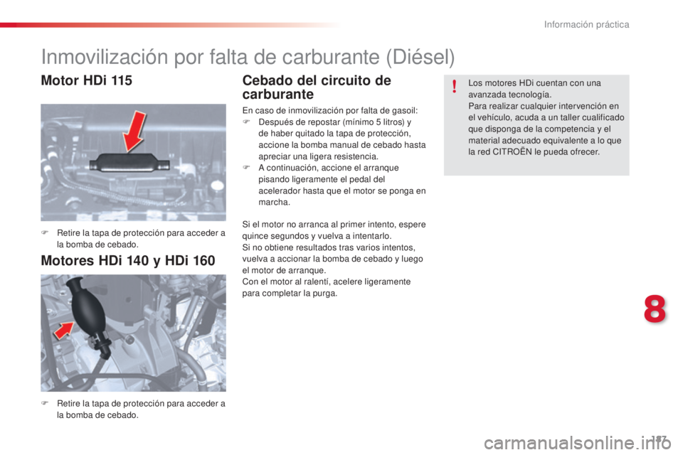 CITROEN C5 2015 Manuales de Empleo (in Spanish) 187
c5_es_c hap08_information_ed01-2014
inmovilización por falta de carburante (di ésel)
F Retire la tapa de protección para acceder a
la bomba de cebado.
F
R
etire la tapa de protección para CITROEN C5 2015 Manuales de Empleo (in Spanish) 187
c5_es_c hap08_information_ed01-2014
inmovilización por falta de carburante (di ésel)
F Retire la tapa de protección para acceder a
la bomba de cebado.
F
R
etire la tapa de protección para