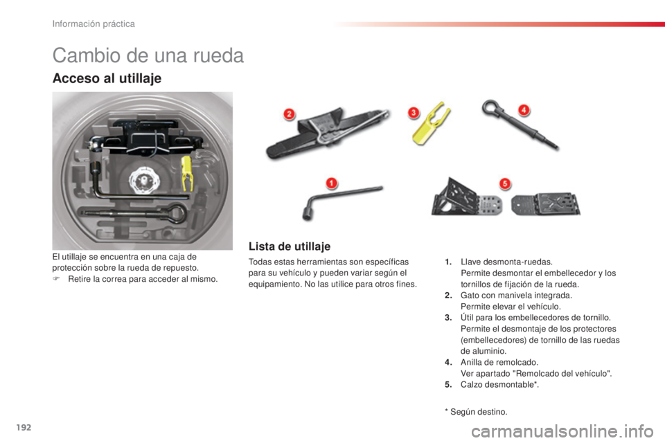 CITROEN C5 2015 Manuales de Empleo (in Spanish) 192
c5_es_c hap08_information_ed01-2014
cambio de una rueda
Acceso al utillaje
el utillaje se encuentra en una caja de
protección sobre la rueda de repuesto.
F
R
etire la correa para acceder al m CITROEN C5 2015 Manuales de Empleo (in Spanish) 192
c5_es_c hap08_information_ed01-2014
cambio de una rueda
Acceso al utillaje
el utillaje se encuentra en una caja de
protección sobre la rueda de repuesto.
F
R
etire la correa para acceder al m