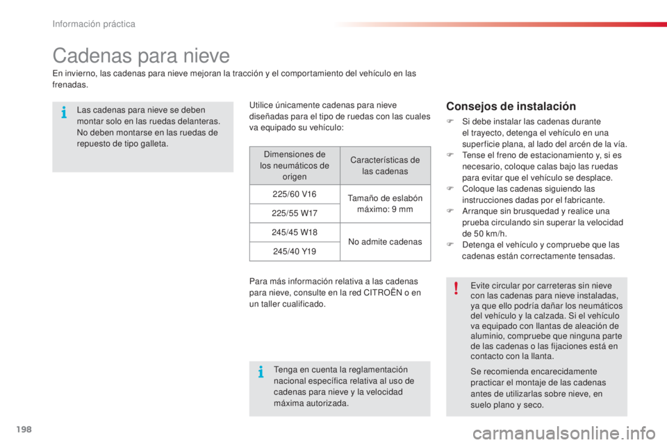 CITROEN C5 2015 Manuales de Empleo (in Spanish) 198
c5_es_c hap08_information_ed01-2014
cadenas para nieve
en invierno, las cadenas para nieve mejoran la tracción y el comportamiento del vehículo en las
frenadas.
la
s cadenas para nieve se debe CITROEN C5 2015 Manuales de Empleo (in Spanish) 198
c5_es_c hap08_information_ed01-2014
cadenas para nieve
en invierno, las cadenas para nieve mejoran la tracción y el comportamiento del vehículo en las
frenadas.
la
s cadenas para nieve se debe