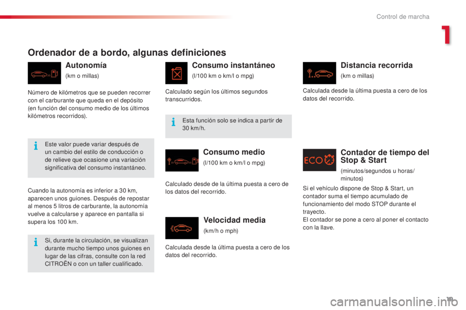 CITROEN C5 2015  Manuales de Empleo (in Spanish) 19
c5_es_c hap01_controle-de-marche_ed01-2014
Ordenador de a bordo, algunas definiciones
Autonomía
(km o millas)
Consumo instantáneo
(l/100 km o km/l o mpg)
Consumo medio
(l/100 km o km/l o mpg)
Vel