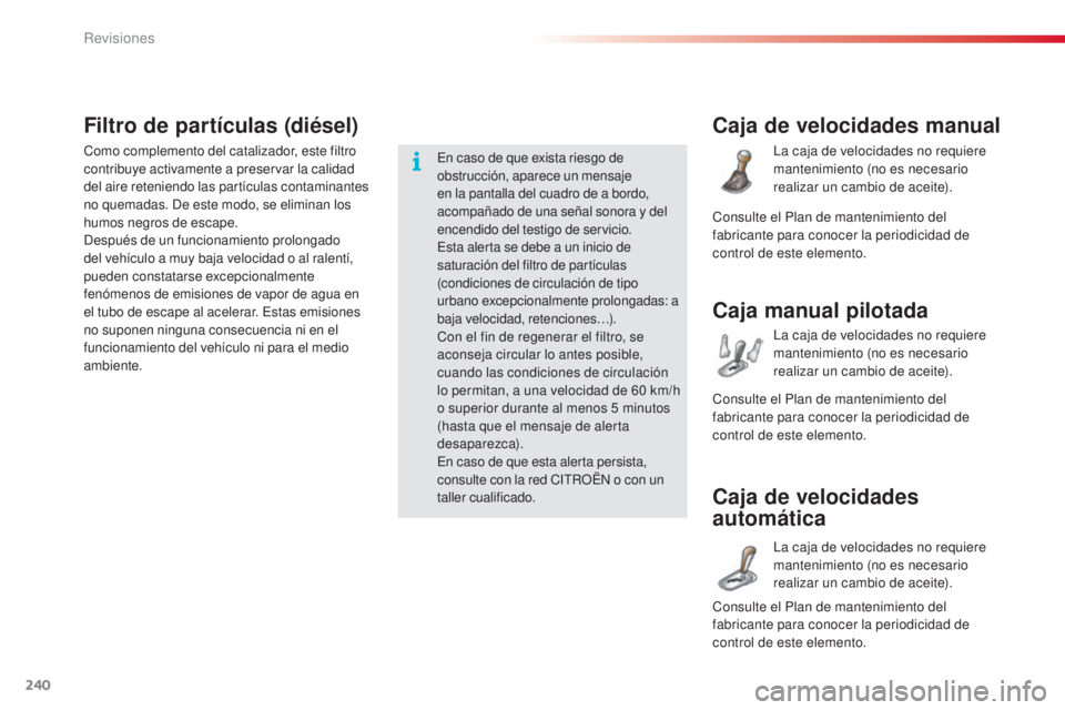CITROEN C5 2015 Manuales de Empleo (in Spanish) 240
c5_es_c hap09_verification_ed01-2014
Caja de velocidades manual
la caja de velocidades no requiere
mantenimiento (no es necesario
realizar un cambio de aceite).
Caja de velocidades
automática
CITROEN C5 2015 Manuales de Empleo (in Spanish) 240
c5_es_c hap09_verification_ed01-2014
Caja de velocidades manual
la caja de velocidades no requiere
mantenimiento (no es necesario
realizar un cambio de aceite).
Caja de velocidades
automática