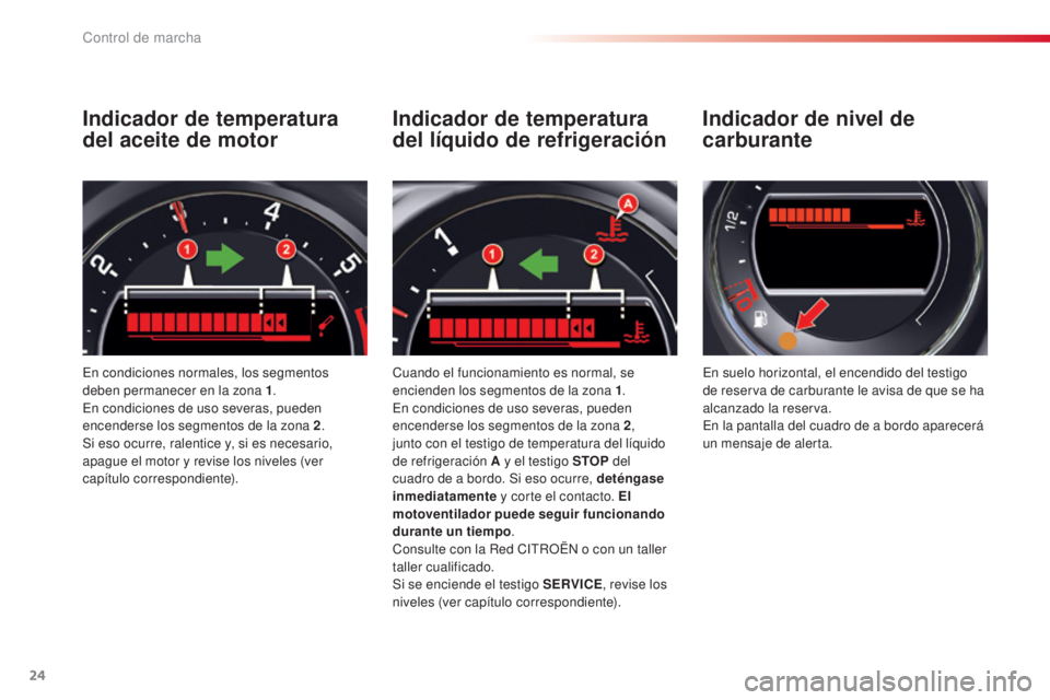 CITROEN C5 2015  Manuales de Empleo (in Spanish) 24
c5_es_c hap01_controle-de-marche_ed01-2014
Indicador de temperatura  
del aceite de motor
en condiciones normales, los segmentos 
deben permanecer en la zona 1 .
en c

ondiciones de uso severas, pu