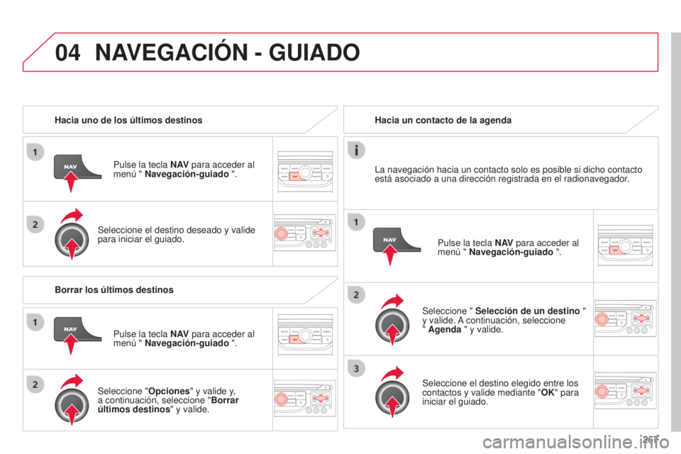 CITROEN C5 2015 Manuales de Empleo (in Spanish) 04
267
c5_es_chap11b_Rt6-2-8_ed01-2014
Hacia uno de los últimos destinos
Pulse la tecla N AV para acceder al
menú " Navegación-guiado ".
Seleccione el destino deseado y valide
para inicia CITROEN C5 2015 Manuales de Empleo (in Spanish) 04
267
c5_es_chap11b_Rt6-2-8_ed01-2014
Hacia uno de los últimos destinos
Pulse la tecla N AV para acceder al
menú " Navegación-guiado ".
Seleccione el destino deseado y valide
para inicia