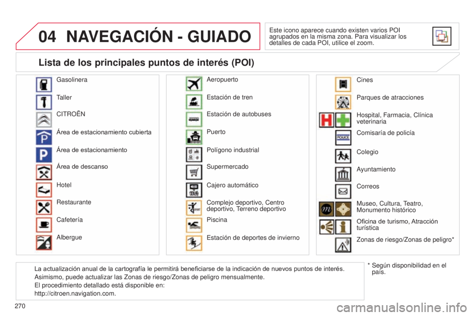 CITROEN C5 2015 Manuales de Empleo (in Spanish) 04
270
c5_es_chap11b_Rt6-2-8_ed01-2014
NAVEGACIÓN - GUIADO
este icono aparece cuando existen varios POi
agrupados en la misma zona. Para visualizar los
detalles de cada PO
i , utilice el zoom.
Gaso CITROEN C5 2015 Manuales de Empleo (in Spanish) 04
270
c5_es_chap11b_Rt6-2-8_ed01-2014
NAVEGACIÓN - GUIADO
este icono aparece cuando existen varios POi
agrupados en la misma zona. Para visualizar los
detalles de cada PO
i , utilice el zoom.
Gaso