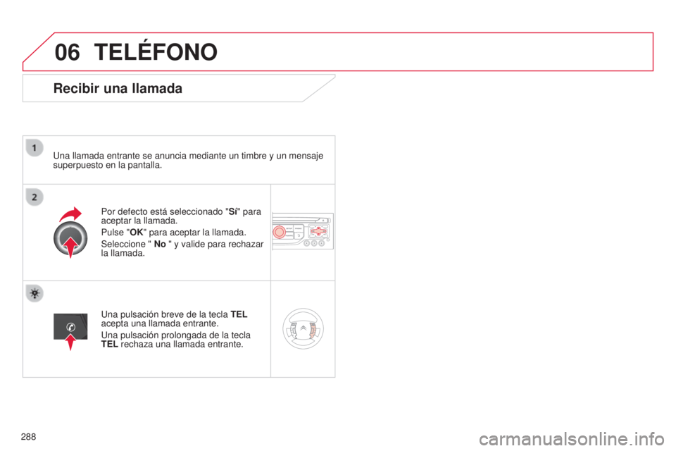 CITROEN C5 2015 Manuales de Empleo (in Spanish) 06
288
c5_es_chap11b_Rt6-2-8_ed01-2014
TELÉFONO
Recibir una llamada
una llamada entrante se anuncia mediante un timbre y un mensaje
superpuesto en la pantalla.
Por defecto está seleccionado " S CITROEN C5 2015 Manuales de Empleo (in Spanish) 06
288
c5_es_chap11b_Rt6-2-8_ed01-2014
TELÉFONO
Recibir una llamada
una llamada entrante se anuncia mediante un timbre y un mensaje
superpuesto en la pantalla.
Por defecto está seleccionado " S