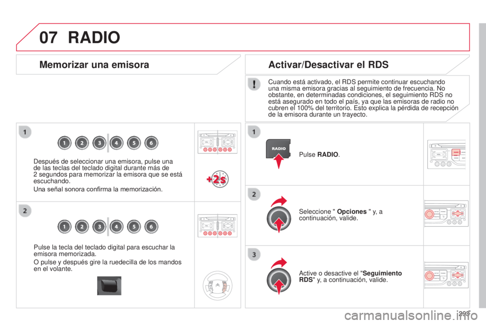 CITROEN C5 2015 Manuales de Empleo (in Spanish) 07
293
c5_es_chap11b_Rt6-2-8_ed01-2014
Pulse la tecla del teclado digital para escuchar la
emisora memorizada.
O pulse y después gire la ruedecilla de los mandos
en el volante.
Memorizar una emisor CITROEN C5 2015 Manuales de Empleo (in Spanish) 07
293
c5_es_chap11b_Rt6-2-8_ed01-2014
Pulse la tecla del teclado digital para escuchar la
emisora memorizada.
O pulse y después gire la ruedecilla de los mandos
en el volante.
Memorizar una emisor