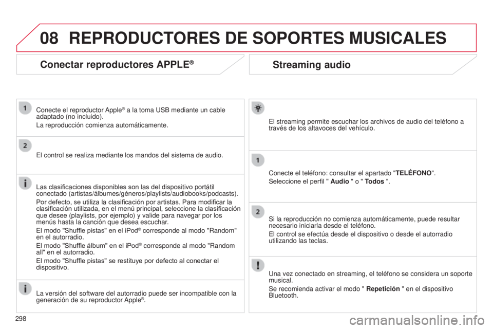 CITROEN C5 2015 Manuales de Empleo (in Spanish) 08
298
c5_es_chap11b_Rt6-2-8_ed01-2014
Streaming audio
el streaming permite escuchar los archivos de audio del teléfono a
través de los altavoces del vehículo.
c
onecte el teléfono: consultar el CITROEN C5 2015 Manuales de Empleo (in Spanish) 08
298
c5_es_chap11b_Rt6-2-8_ed01-2014
Streaming audio
el streaming permite escuchar los archivos de audio del teléfono a
través de los altavoces del vehículo.
c
onecte el teléfono: consultar el