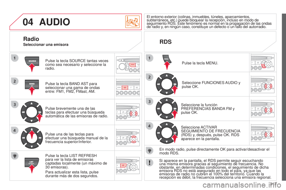CITROEN C5 2015  Manuales de Empleo (in Spanish) 04
317
c5_es_chap11c_Rd45_ed01_2014
AUDIO
Pulse la tecla SOuRce tantas veces 
como sea necesario y seleccione la 
radio.
Pulse la tecla B
and  
a
 S t
 para 
seleccionar una gama de ondas 
entre: FM1,