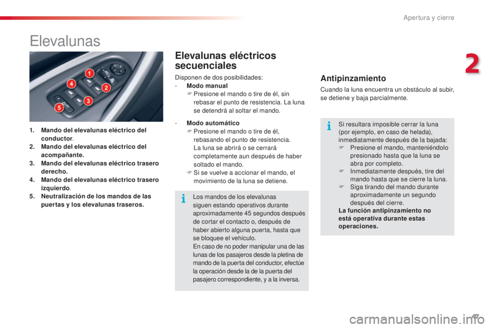 CITROEN C5 2015  Manuales de Empleo (in Spanish) 47
c5_es_ chap02_ouverture_ed01-2014
elevalunas
1. Mando del elevalunas eléctrico del 
conductor .
2.
 M

ando del elevalunas eléctrico del 
acompañante.
3.
 M

ando del elevalunas eléctrico trase