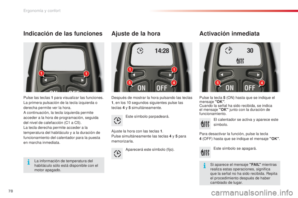 CITROEN C5 2015 Manuales de Empleo (in Spanish) 78
c5_es_c hap03_ergo-et-confort_ed01-2014
Ajuste de la hora
después de mostrar la hora pulsando las teclas
1, en los 10
segundos siguientes pulse las
teclas 4
y 5 simultáneamente.
Activacià CITROEN C5 2015 Manuales de Empleo (in Spanish) 78
c5_es_c hap03_ergo-et-confort_ed01-2014
Ajuste de la hora
después de mostrar la hora pulsando las teclas
1, en los 10
segundos siguientes pulse las
teclas 4
y 5 simultáneamente.
ActivaciÃ
